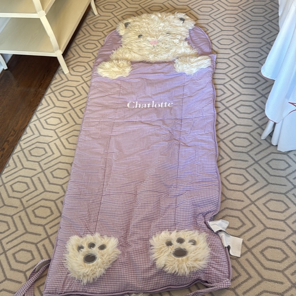 POTTERY BARN girls LILAC gingham sleeping bag with CHARLOTTE monogram